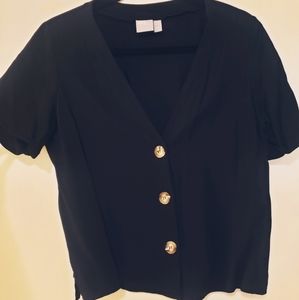 ASOS Black V-neck Cuff Sleeve Blouse w/ Buttons